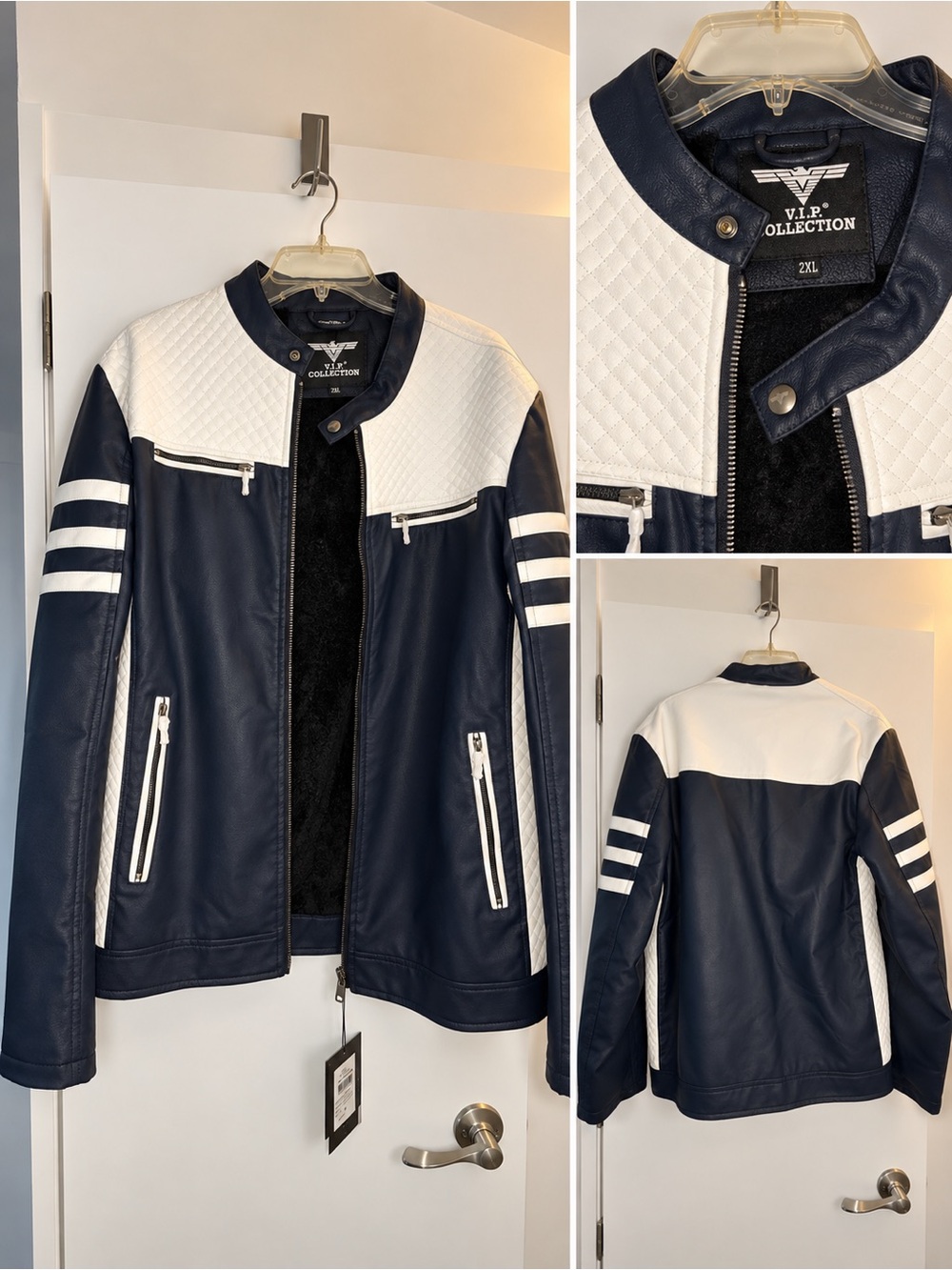 VIP Navy and White Quilted-Panel Bomber Jacket